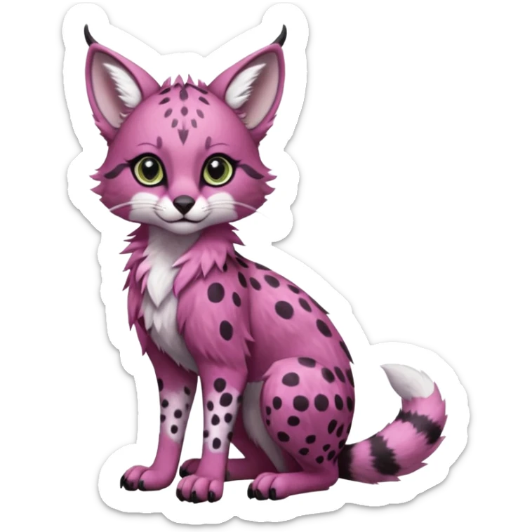 Cute kawaii cool edgy badass  soft magenta fur with pearly-white polka dots and subtle shimmer  fantasy-caracal-civet-genet-sergal-vernid-Gryphon-Cacomistle-Trico-oncilla-animal-Fakémon-hybrid-fursona (full body), facial markings, (realism style) sticker