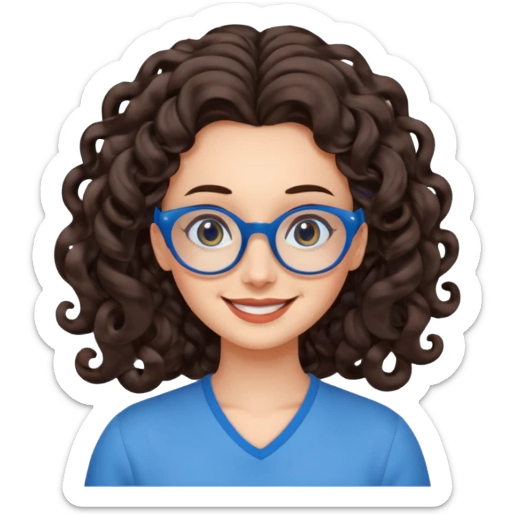 woman with extra large forehead, extra long dark brown spiral curled hair, blue glasses, smiling with head tilted sticker