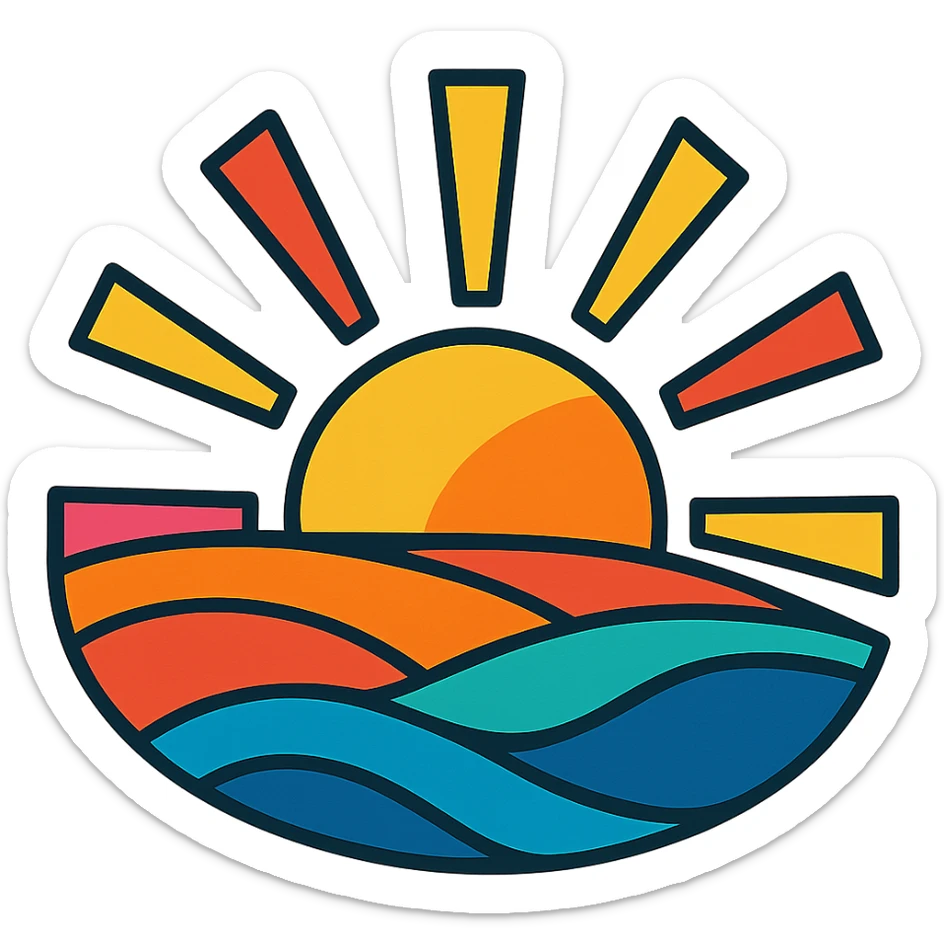 abstract representation of a new era, sunrise over horizon, vibrant colors sticker