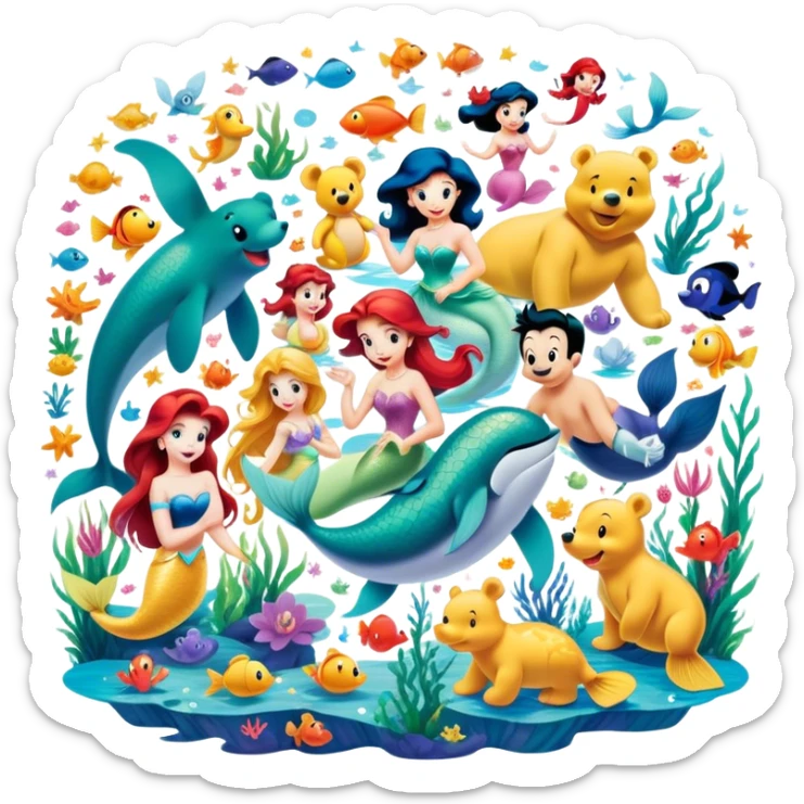 Icon for Animated Characters: A colorful, large-scale collage of beloved cartoon characters, including Franco, Mickey Mouse, Winnie-the-Pooh, Ariel the Little Mermaid, Jasmine and others. Bright and vibrant, full of whimsical charm. Transparent background. sticker