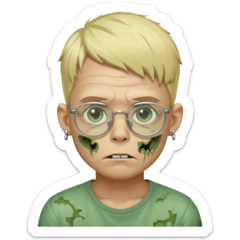 make a blond zombie boy, with a tired appearance, he wears frameless glasses, and 1 earring in each ear, a point of light earring style sticker