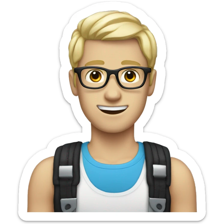 Skinny white boy with blonde hair, blue glasses, and black braces sticker