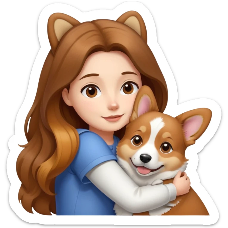 Girl with long brown hair hugs a corgi dog sticker