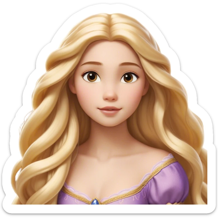 Cinematic Realistic Rapunzel Portrait, with porcelain-like skin featuring a subtle, natural glow, illuminated by soft lighting that brings out the gentle contours of her face. Her long, golden blonde hair cascades in detailed waves, each strand highlighted with a radiant shimmer as it catches the light. Her bright, expressive green eyes exude curiosity and warmth, framed by delicate lashes and soft, arched brows. Her expression is playful and vibrant, with a gentle smile. She is dressed in her classic lavender and pink gown, the fabric textured with delicate folds that flow naturally, catching the light with a soft, radiant glow. The portrait captures a luminous, enchanting aura, seamlessly blending realism with a whimsical, fairytale charm, evoking a timeless sense of beauty and magic. sticker
