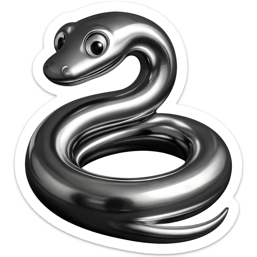 3D chrome snake, curled in a spiral, with a glossy chrome finish and cartoon eyes sticker
