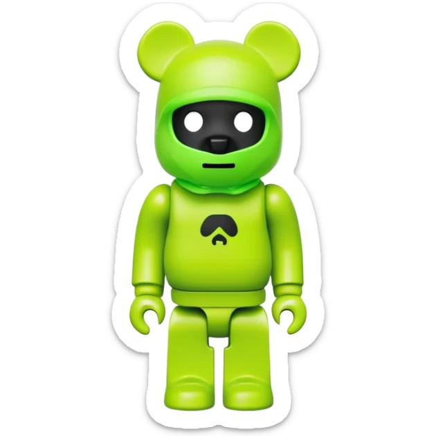 bearbrick toy wearing a neon lime green balaclava with a small black logo sticker
