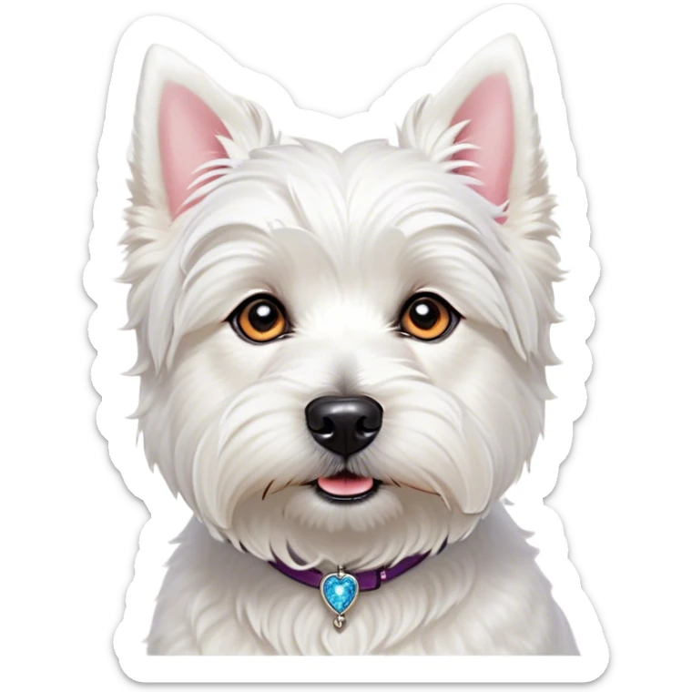 Cinematic Cute West Highland White Terrier Portrait Emoji, Head tilted playfully and inquisitively, featuring a fluffy, immaculate white coat with perky ears, round, sparkling dark eyes filled with curiosity, Simplified yet irresistibly adorable features, highly detailed, glowing with a warm, friendly glow, high shine, affectionate and lively, stylized with a touch of whimsy, bright and endearing, soft glowing outline, capturing the essence of a mischievous yet loving pup, so playful it feels like it could bound out of the screen and into your arms! sticker