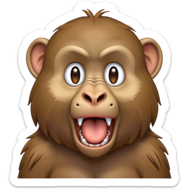 Cinematic Cute Yawning Baboon Portrait Emoji, Head tilted slightly with a dramatic, wide-open yawn, showcasing a soft, textured Fur of earthy browns with droopy ears, round eyes barely open in drowsy contentment, Simplified yet irresistibly adorable features, highly detailed, glowing with a soft, cozy glow, high shine, relaxed yet expressive, stylized with a touch of playful urban charm, bright and endearing, soft glowing outline, capturing the essence of a sleepy yet affectionate baboon, so drowsy it feels like it could stretch out of the screen and curl up for a nap! sticker
