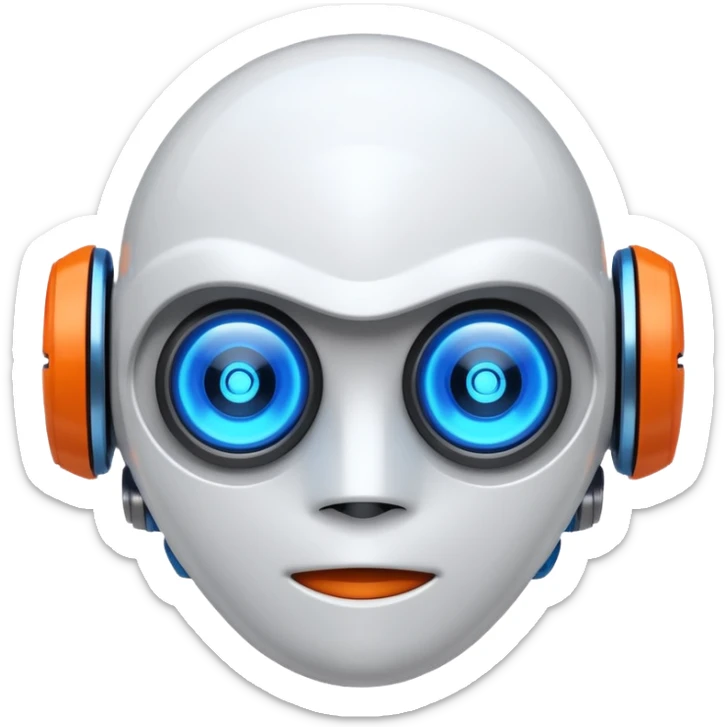 "Cartoon-style robot head with glowing blue eyes, white shell, orange-tipped arms, and blue gradient background" sticker
