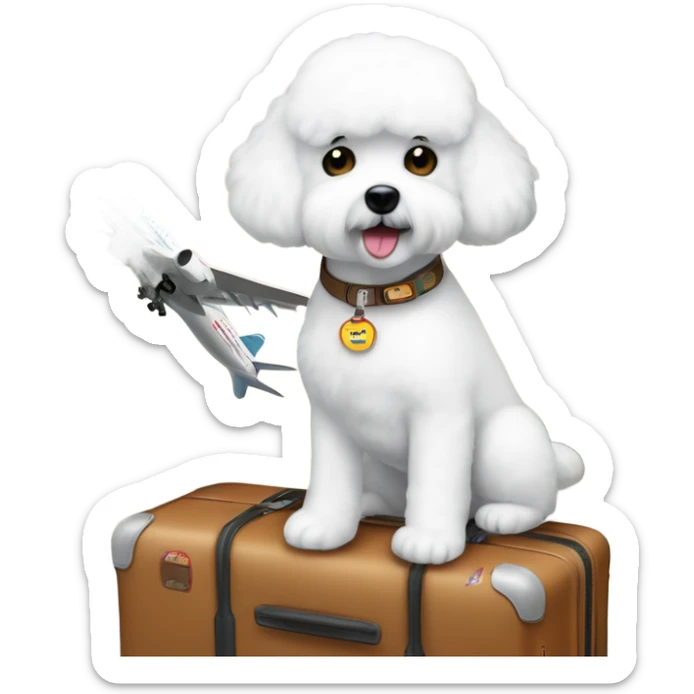 ABichon Frise standing next to a suitcase filled with iconic places stickers on the suitcase  sticker