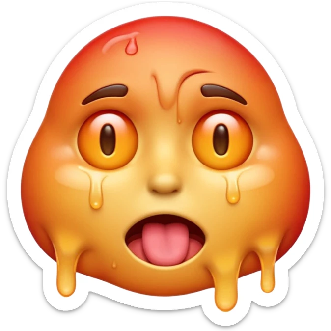 Apple-style emoji illustration of a melted, overheated face with sweat drops, half-closed exhausted eyes, tongue slightly out, warm orange and red tones, soft 3D emoji style, smooth gradients, rounded shapes, simple expression, centered composition, transparent background, no text. sticker