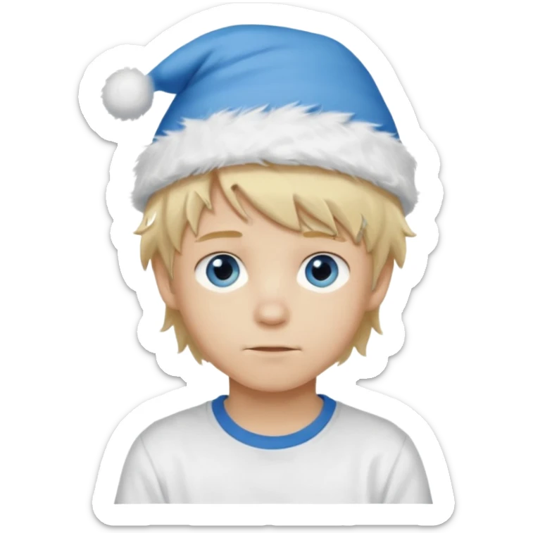 create boy blonde hair long messy, light eyes, white t shirt, rich, long hair, eyes blue, acessory head cristimas blue hat, fluffy hair medium long sticker