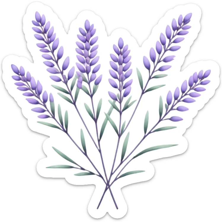 simple flower branches. The art style is clean line art with delicate watercolor textures, pastel colors, and a dominant palette of lavender, soft lilac, and muted purple. Let the branch be more elongated and have short branches on it like ears of corn. sticker