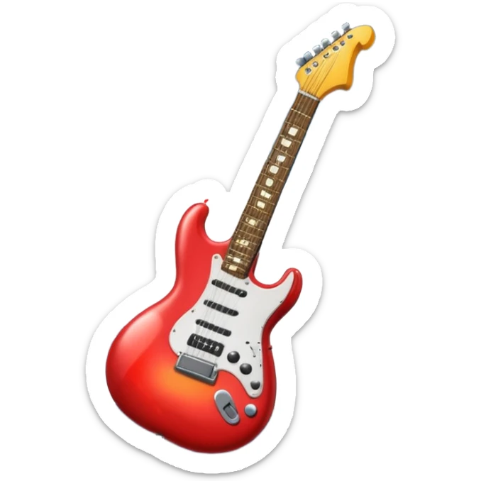 A 3D Apple-style emoji of a bold “ROCK” text written in shiny metallic letters, with an electric guitar leaning on the text, surrounded by small music notes and lightning bolts, energetic and powerful rock music vibe sticker