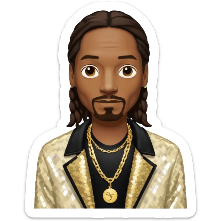 Snoop Dogg with long dark brown hair, ivory sequin jacket, black shirt with necklace sticker