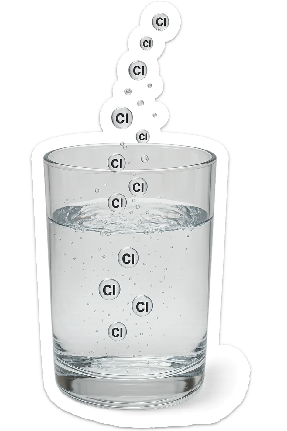 un bicchiere di acqua realistico e dettagliato fluttua in aria, dentro l'acqua del bicchiere ci sono particelle di cloro ben visibili con la scritta "Cl" sopra, ci sono particelle anche che escono dal bicchiere e fluttuano in aria verticalmente, mentre alcune sono all'interno dell'acqua nel bicchiere, iperrealistico 4k sticker