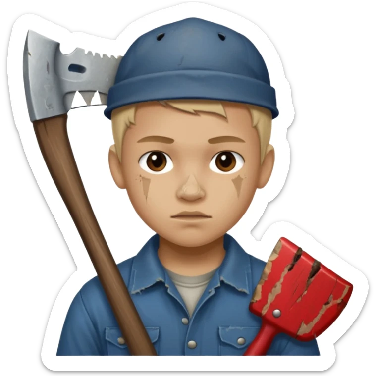 13 y/o Brian robeson at the beginning of Hatchet
distressed, has hatchet, small scratches on face, no blood on hatchet sticker