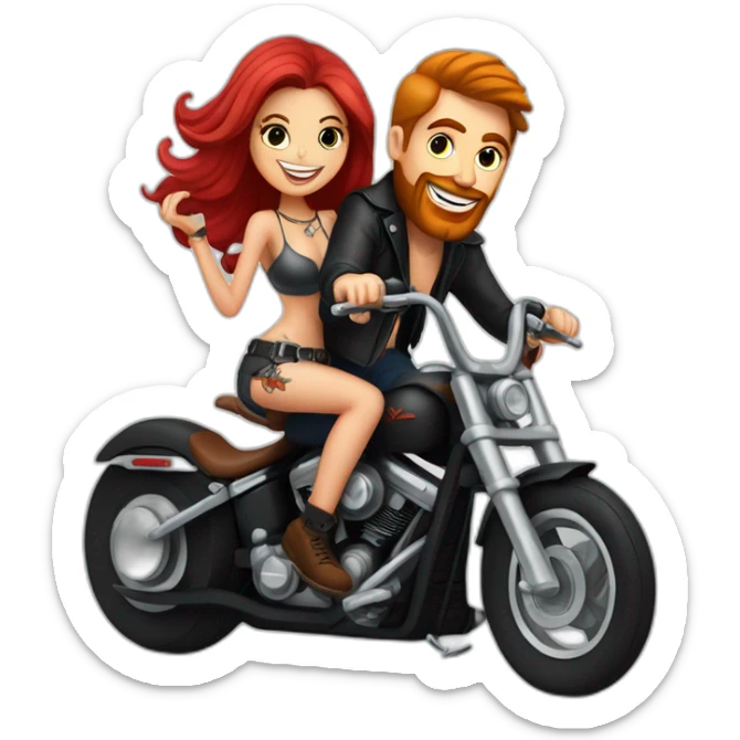 Guy with tattoos and long dark hair riding a Harley chopper motorcycle with a pretty red haired girlfriend on the back  sticker