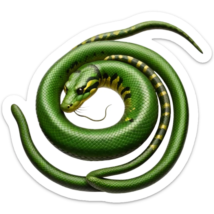 A photo-realistic top-down view of a Green Anaconda tightly coiled in a spiral, with its broad, flat head resting at the center. Its thick, muscular body is olive-green and covered in symmetrical, bold black oval spots that stand out against its smooth scales, creating striking natural camouflage. sticker