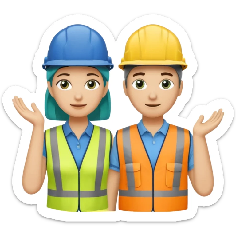 Um homem e uma mulher amarelos com capacete de obras ambos azul escuro e camisa social cinza com faixas refletivas verdes nos braços, Um deles deve estar segurando um megafone de avisos sticker