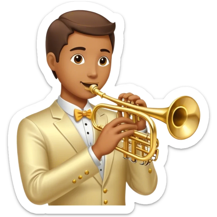 Cinematic Realistic Trumpet, polished brass with warm golden reflections, intricate valve details subtly highlighted, soft hands pressing the keys, glowing with bold and triumphant musical energy. sticker