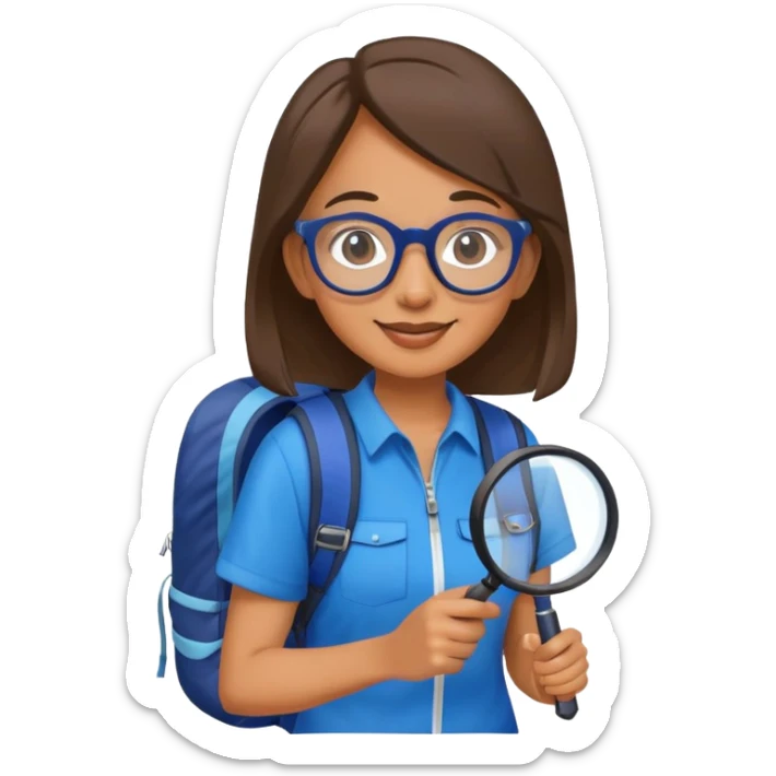 Happy woman hiker with glasses in vibrant dark blue and white outfit, backpack, holding magnifying glass sticker