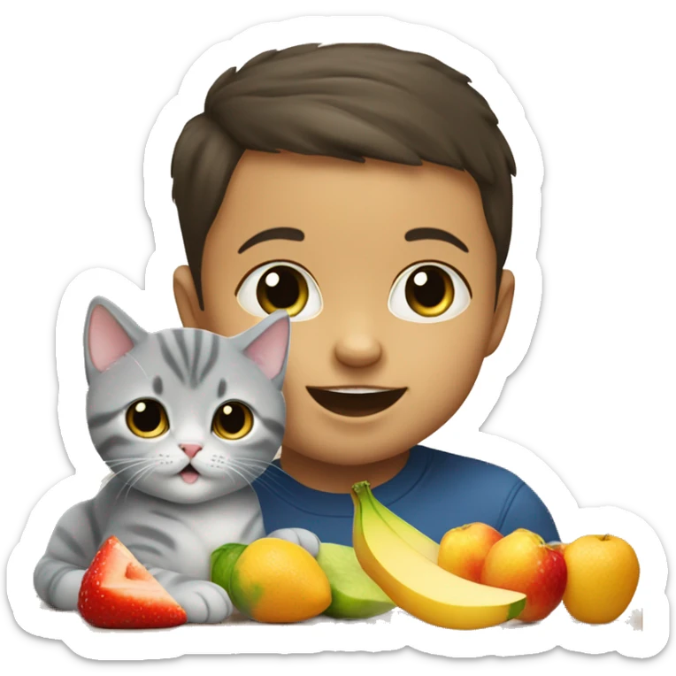 Bold baby boy eating fruits with a british shorthair cat sticker