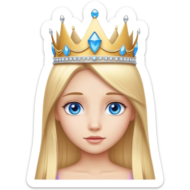 Straight long blonde hair and blue eyes girl and princess crown sticker