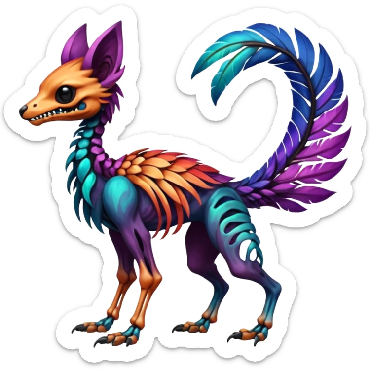 Rare colorful gradients colored realistic dark edgy glossy shiny tropical tribal patterned feathery skeletal badass epic pretty beautiful handsome gorgeous aesthetic colorful vibrant Vernid-Trico-species-Fakemon-creature by LiLaiRa, 4 legs, 1 tail, random markings, (full body) sticker