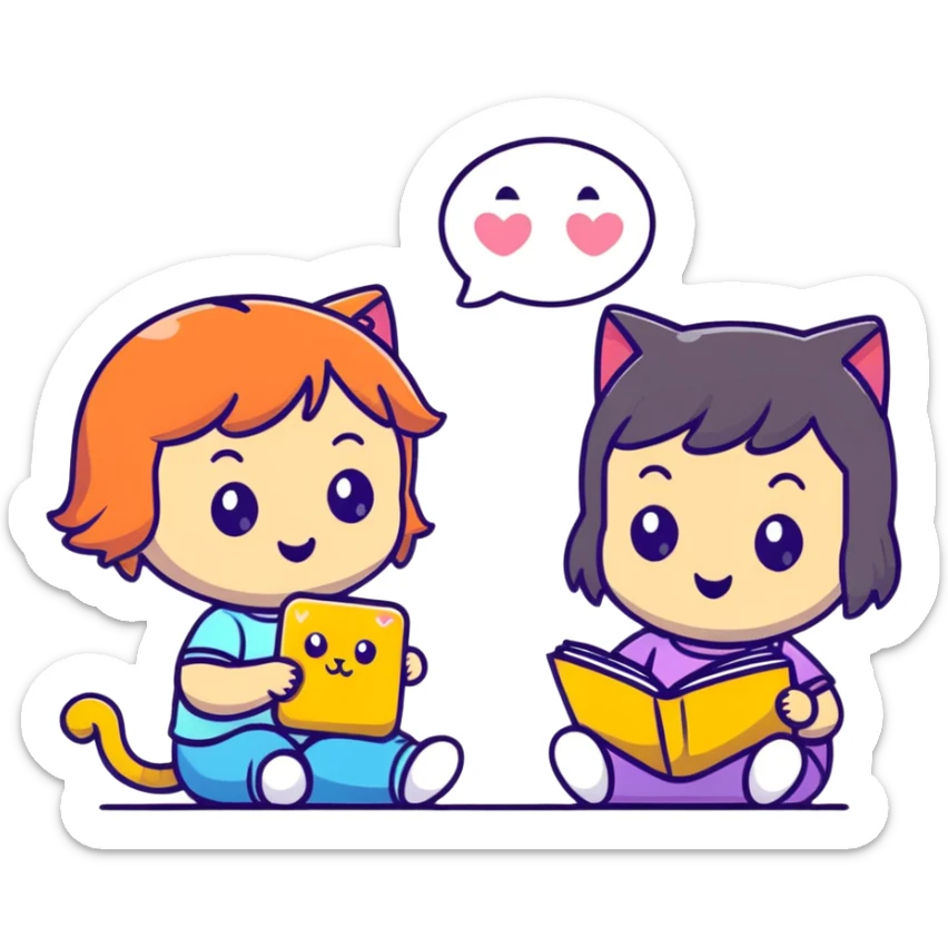 two girls watching a cute kitty drawing an emoji, playful cartoon style sticker
