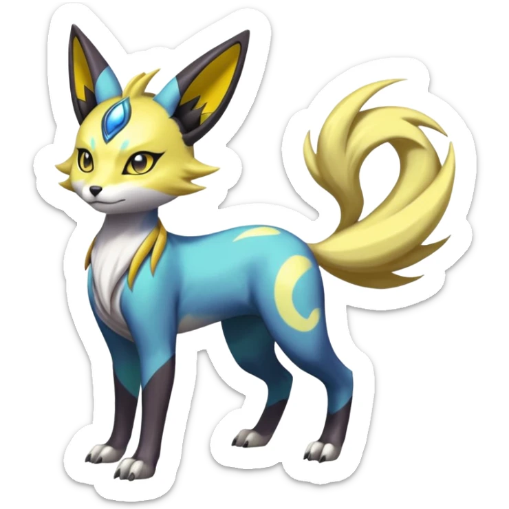 Feral Beautiful Pretty Badass Cool Colorful Painted Asian Graceful Majestic Cool Handsome Meloetta-Electrike-Renamon-Luxray-Cobalion-Vernid-fusion-hybrid-creature, full body  sticker