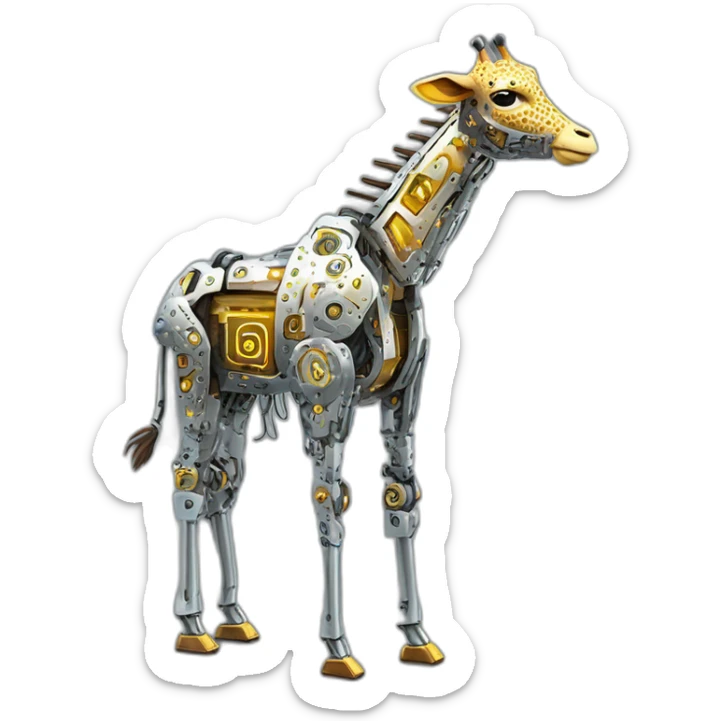 Una girafa robotica con patrones de circuitos brillantes en su piel, piernas con juntas móviles y piezas de metal relucientes sticker