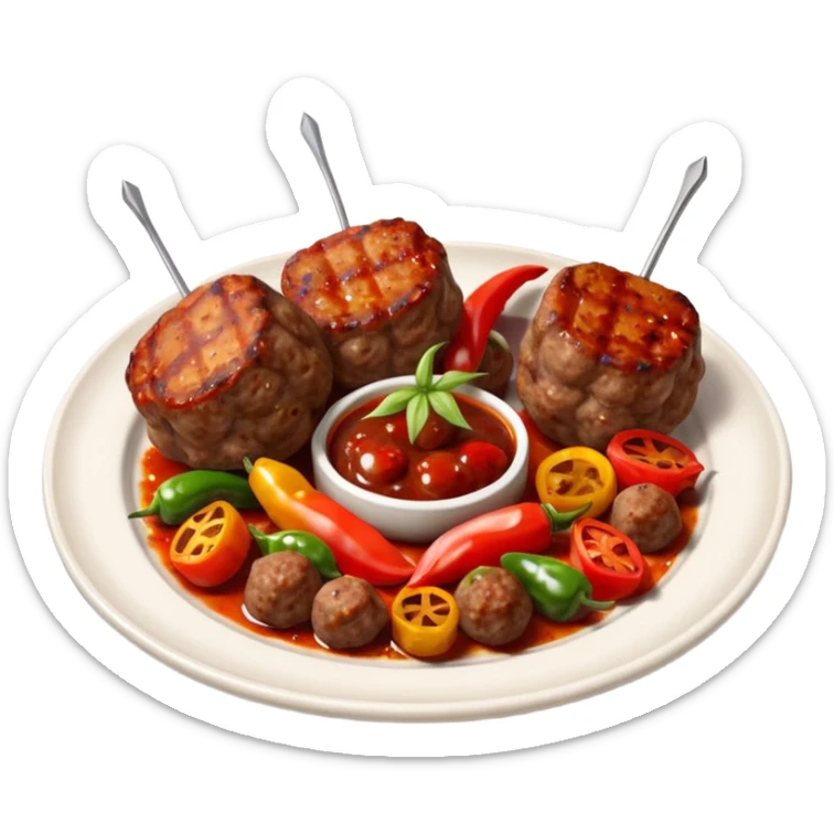 Akçaabat meatballs object icon, grilled Turkish kofte pieces on a plate, smoky char marks, juicy texture, served with grilled peppers and tomatoes, 3D cartoon, mobile game icon style, centered, clean background, no text, no watermark
 sticker