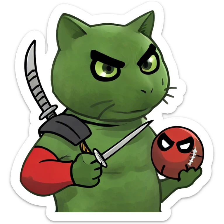 Epic cat ninja with two swords and hand looking like Deadpool holding a football with the egg ready for some action ￼ sticker