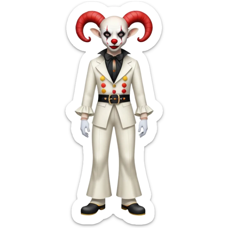 full-body demonic clown in a white leisure suit with bellbottom pants, bald, with black ram horns, flashy belt, ruffled shirt, no neck tie sticker