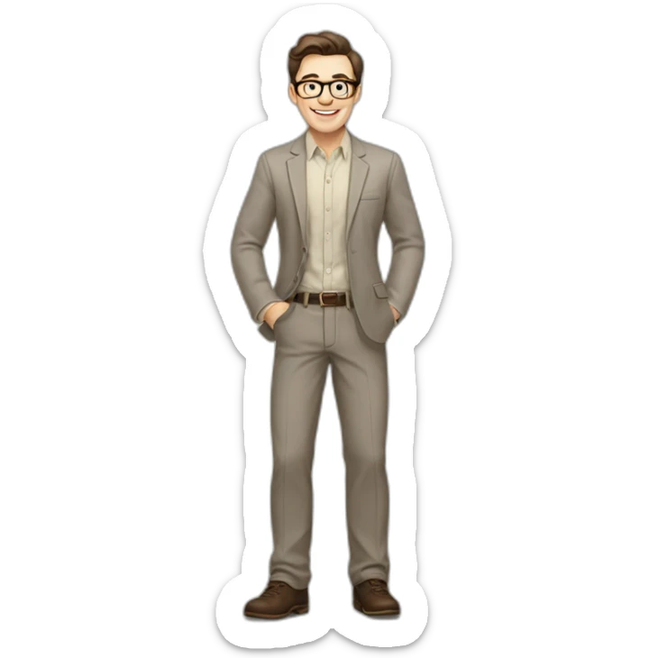 Joyful Full height Pale skinned Fit Man With dark brown hair in gray jacket, beige office shirt, Brown pants and vintage glasses. His thrumbs up sticker