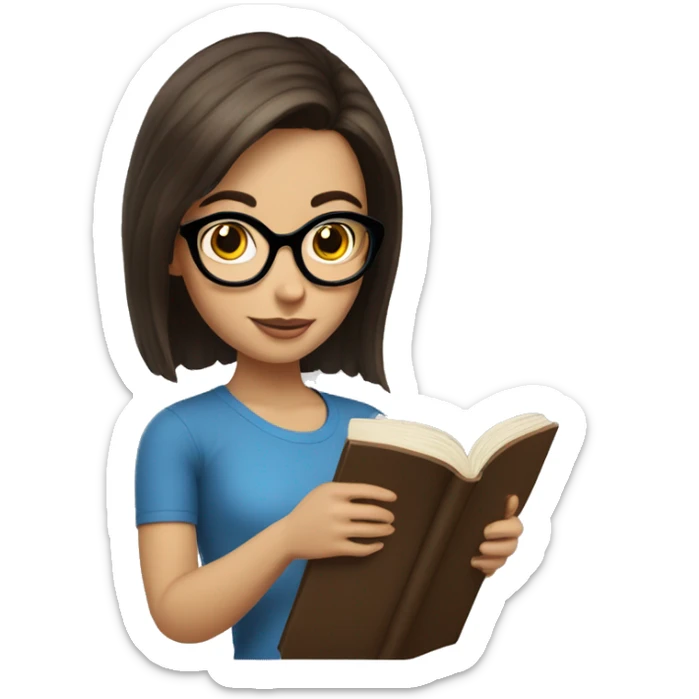 bob haired Brunette with blue eyes and glasses Girl reading a book  sticker