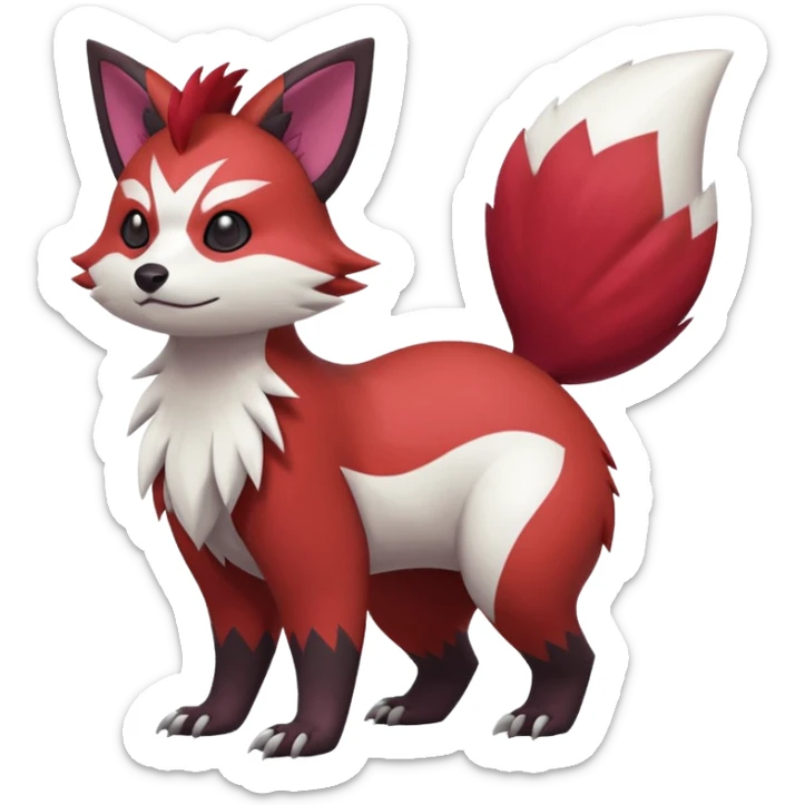 Red, brown, black, white, yellow, Zangoose-Cacomistl-Red-Panda-Rattata-Skitty-Noibat-Purrloin-Fakemon-hybrid-creature (full body) sticker