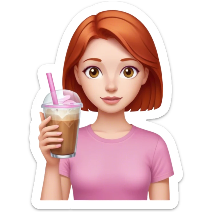 Redhead girl with ice coffe cristal glass brown eyes and a pink tshirt  sticker