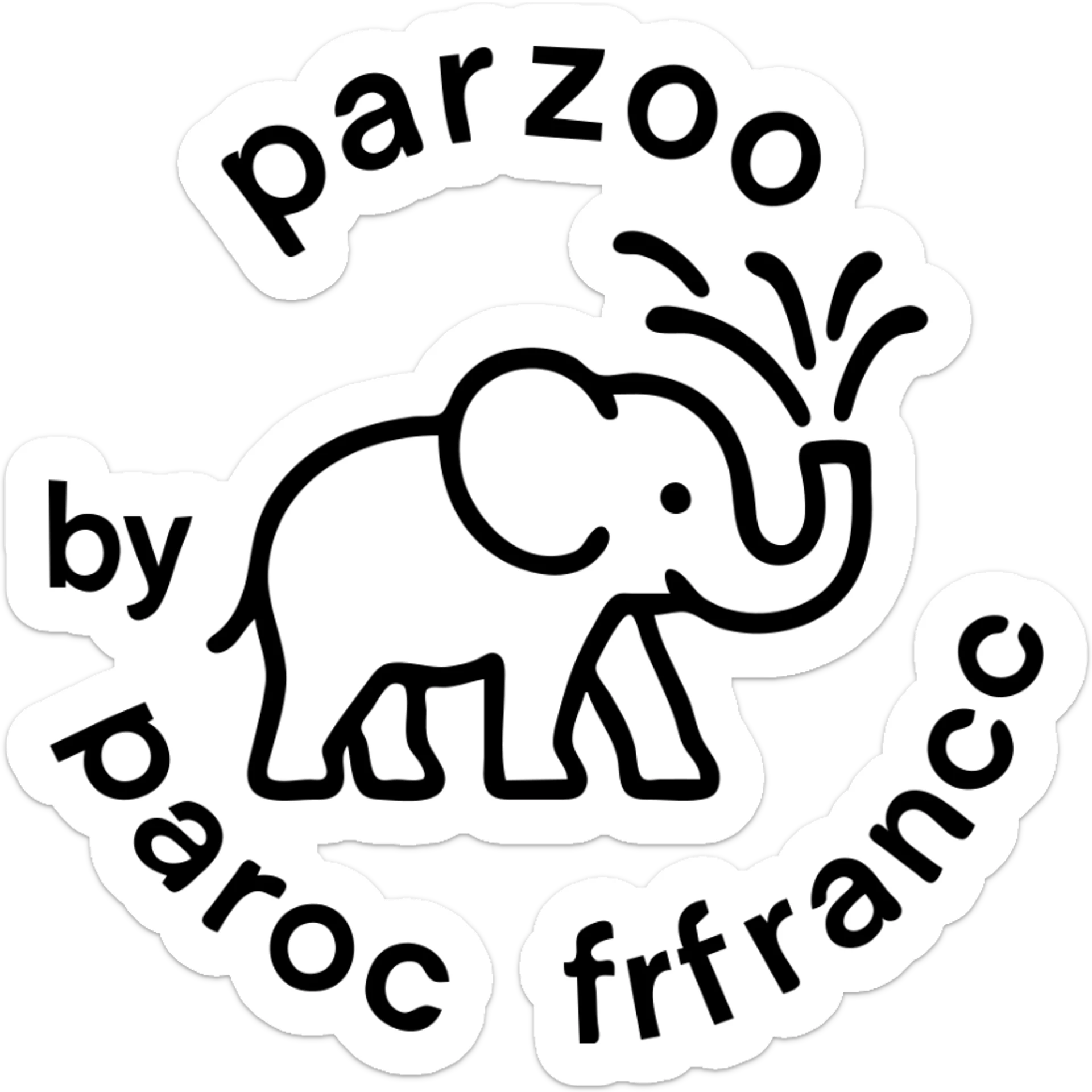 Logo avce un éléphant qui projette de l'eau avec au tour ( en rond ) écris : parzoo by paroc france  sticker