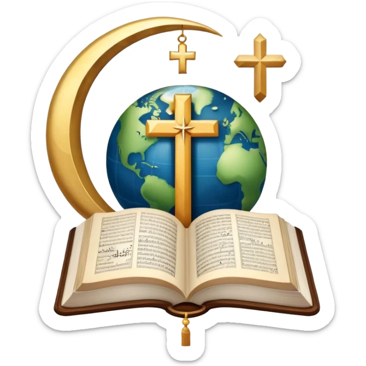 An icon featuring a Bible, The Quran, The Orthodox cross, a crescent moon, symbolizing the study of religions. The design includes diverse religious symbols and a globe, representing global beliefs and spiritual practices. Transparent background highlights the exploration of faiths and traditions. sticker