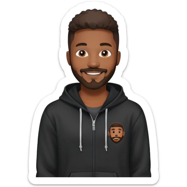 African yound man in his late 20s with a bright smile with a full short boxed beard and moutache , and a low cut hair, black hoody sticker