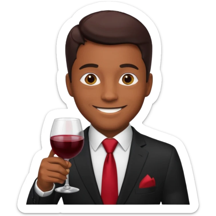 Man with black suit and red tie, brown skin, handsome, drinking wine with a happy face sticker