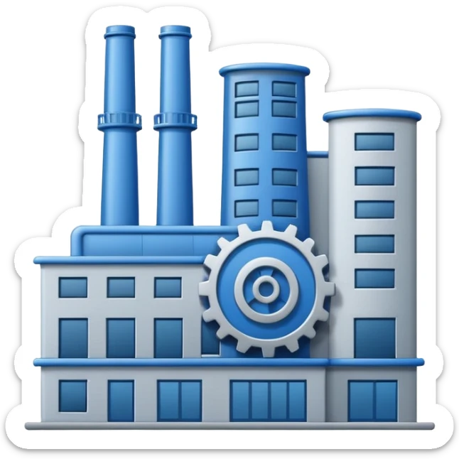 "A minimalist vector icon of a modern manufacturing factory building with a gear symbol above it. Blue and grey color scheme, flat design, white background, simple thick lines, professional business logo style." sticker