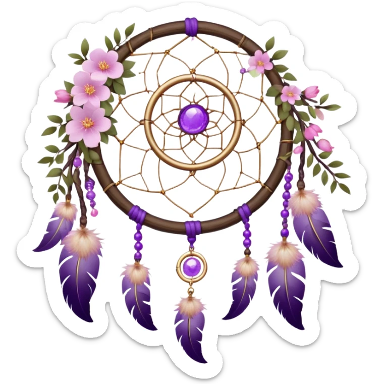 A white-wooden-circle-framed Dreamcatcher, with purple-round-orb-stones, gold-ring-accents, purple tint flowers, pink sakura flowers, sticker