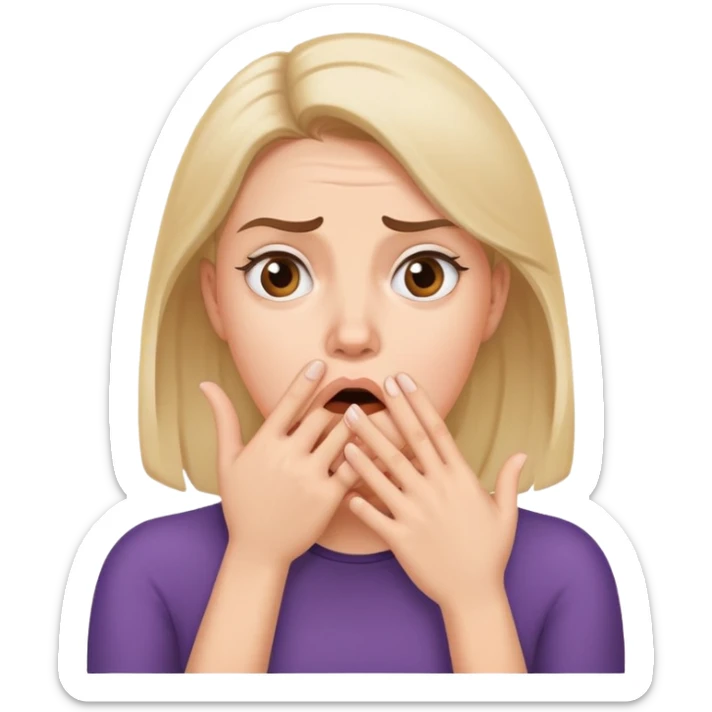 Woman with hand covering mouth, surprised and confused expression with furrowed brow sticker