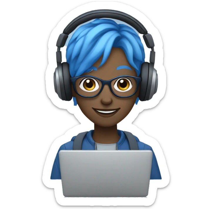 Androgynous character with all blue skin, wearing glasses, holding a laptop, wearing headphones, and smiling sticker