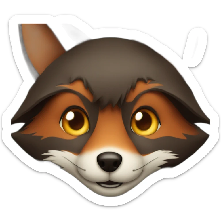 a small dark brown fox with orange eyes with a dark green hood that smile sticker