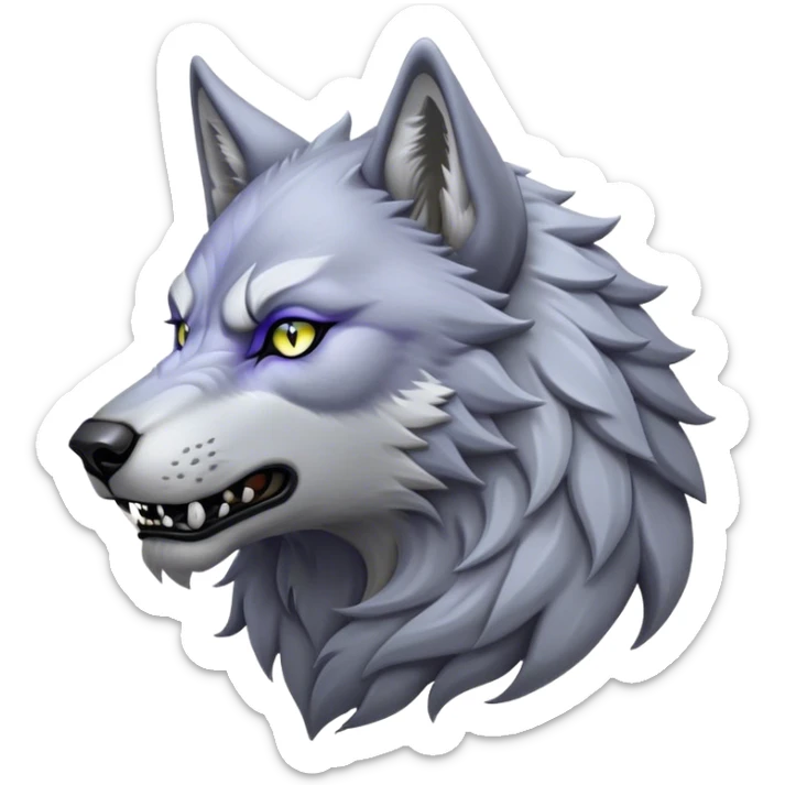 Cinematic Noble Werewolf Portrait Emoji, Formidable and majestic, with a powerful lupine silhouette in moonlit grays and silvers, featuring piercing, wise eyes and a dignified snarl that hints at untamed strength, simplified yet intricately detailed, glowing with a soft, lunar outline that encapsulates the noble duality of feral instinct and loyal guardianship! sticker