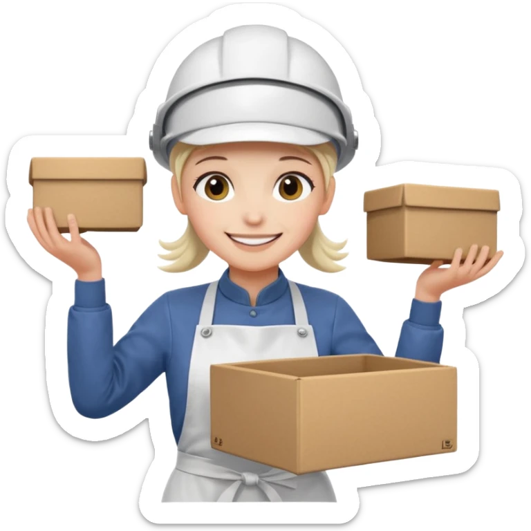 Tengo que dar una capacitacion de orgonomia, necesito un emoji de un operario con casco blanco y delantal blanco de manga larga que levante una caja cerrada con las dos manos a la altura de los hombros sticker